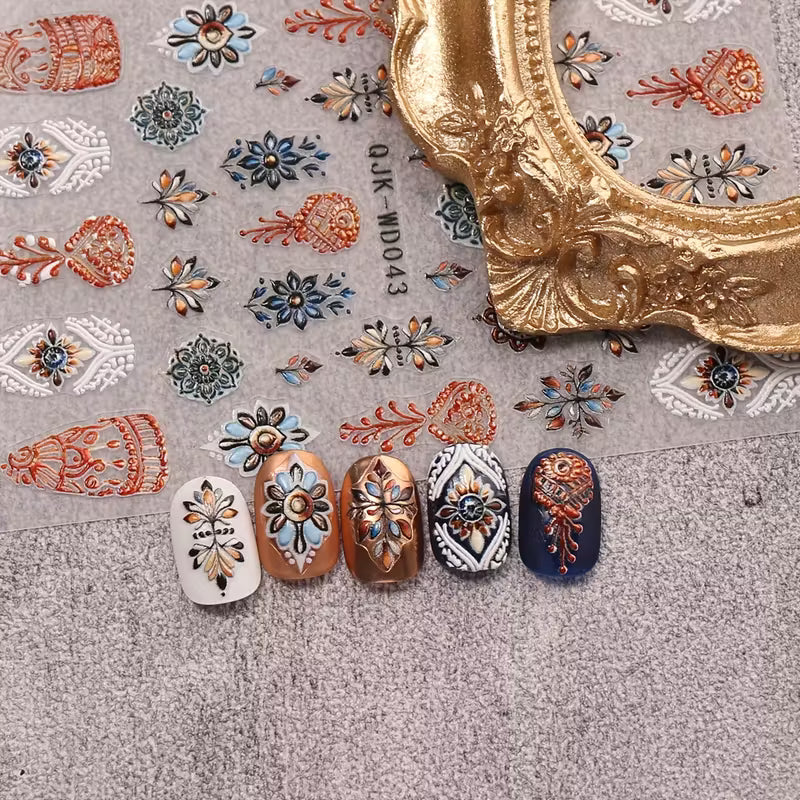 Micro Embossed 3D Classic Floral  6pcs Retro Nail Sticker Set.