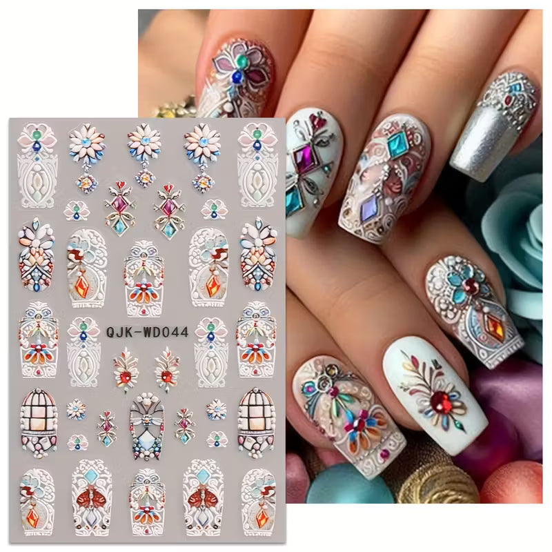 Micro Embossed 3D Classic Floral  6pcs Retro Nail Sticker Set.