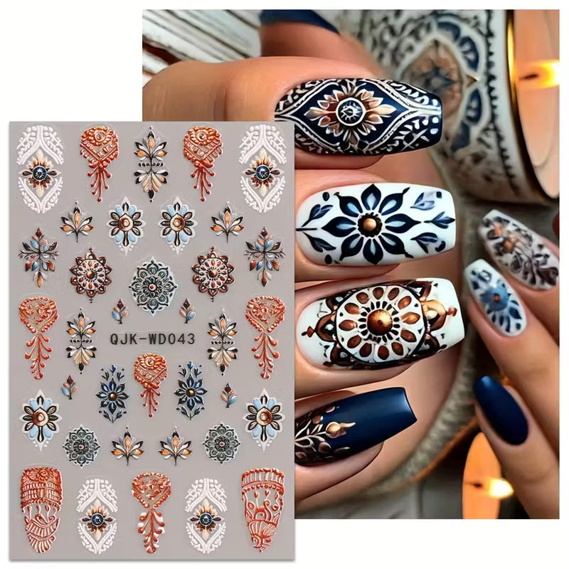 Micro Embossed 3D Classic Floral  6pcs Retro Nail Sticker Set.
