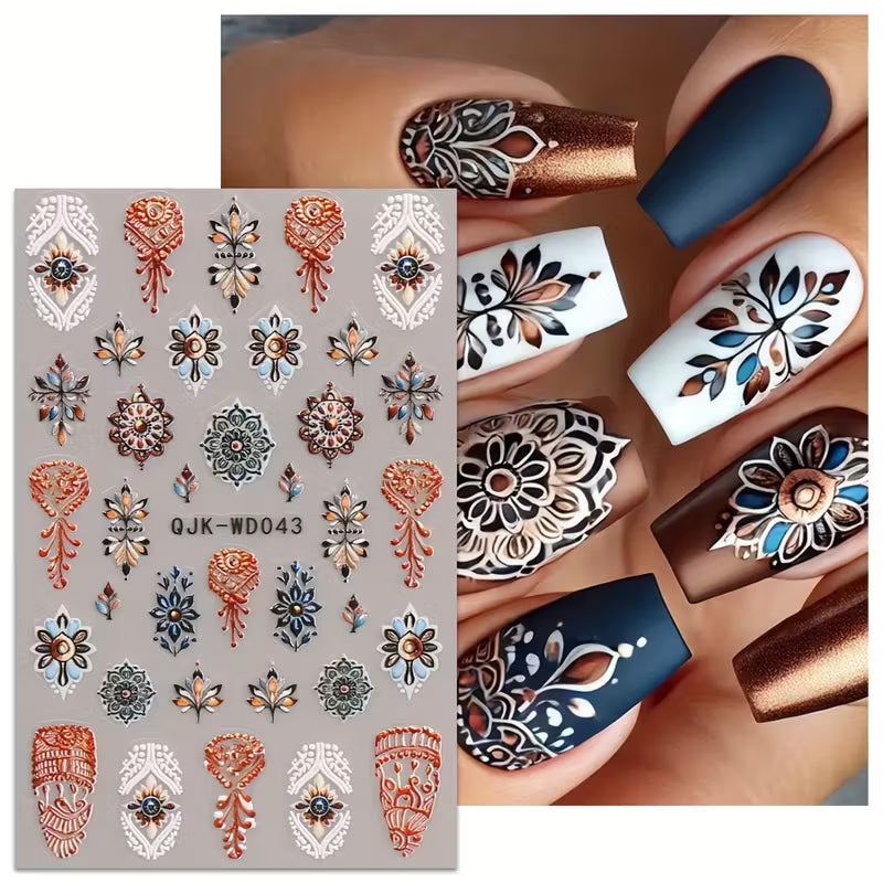 Micro Embossed 3D Classic Floral  6pcs Retro Nail Sticker Set.