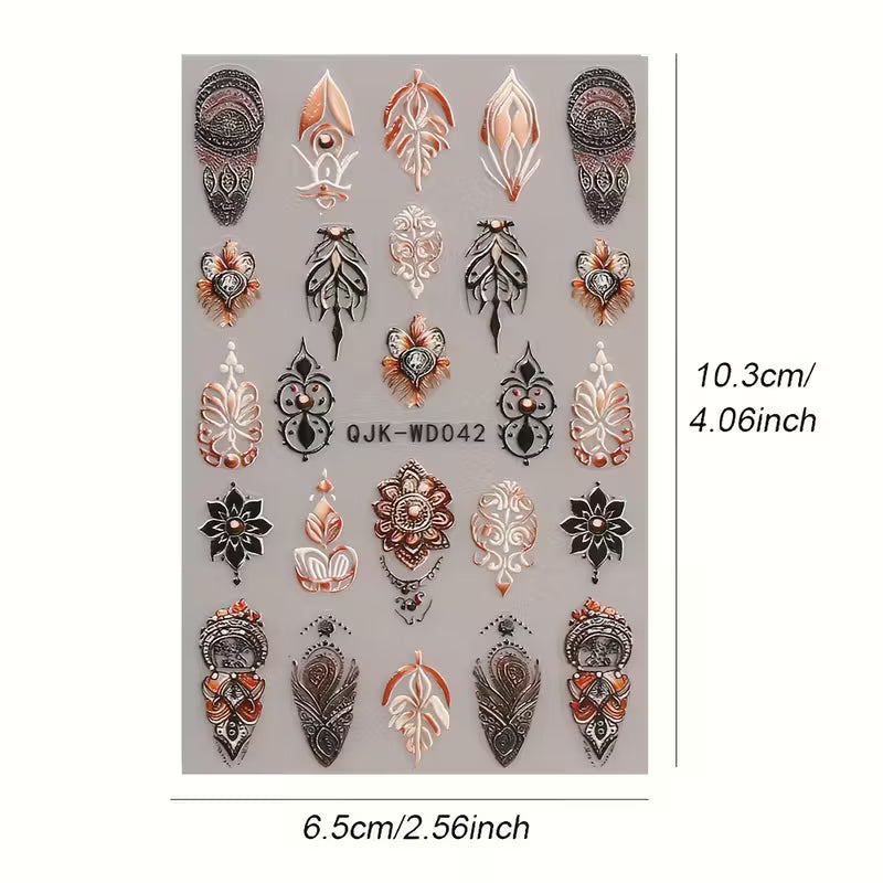 Micro Embossed 3D Classic Floral  6pcs Retro Nail Sticker Set.