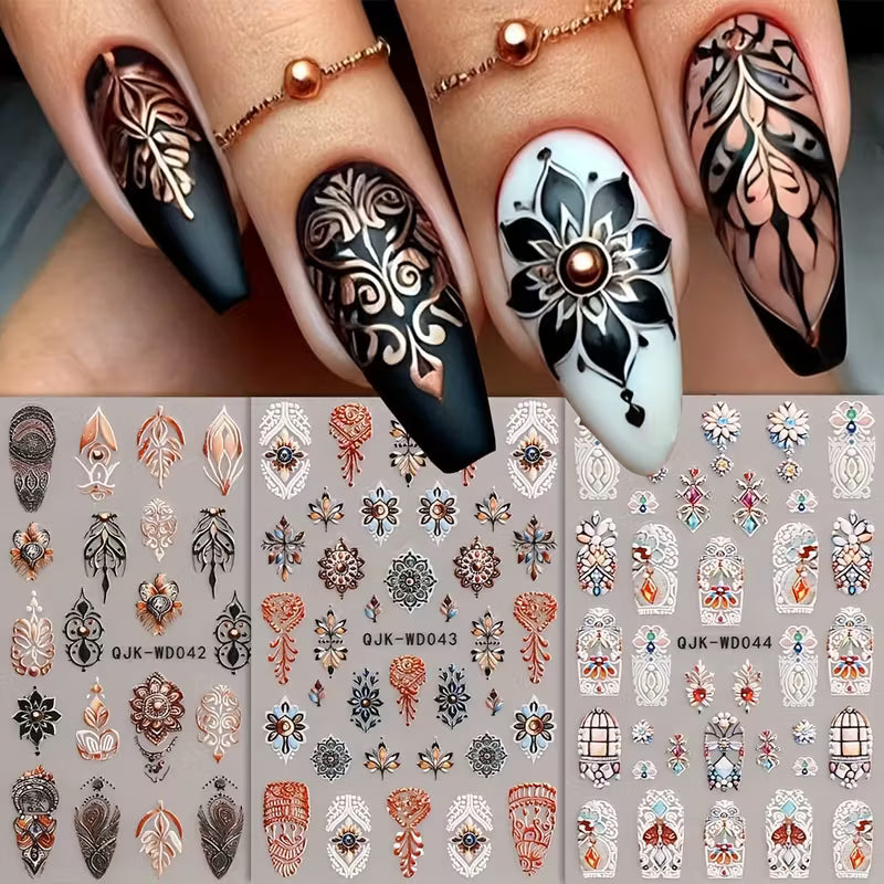 Micro Embossed 3D Classic Floral  6pcs Retro Nail Sticker Set.
