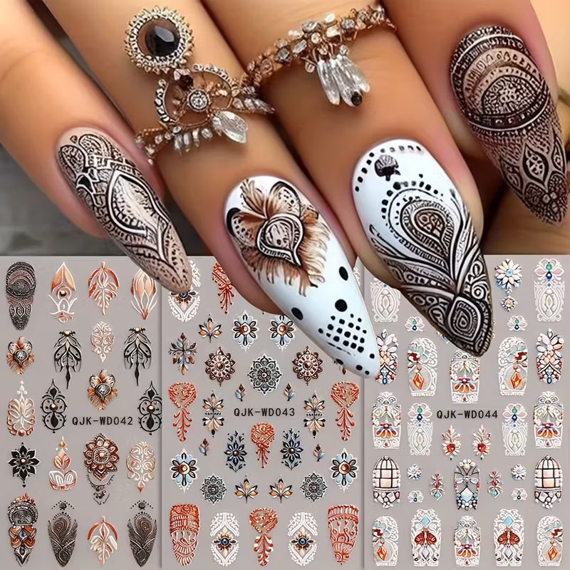 Micro Embossed 3D Classic Floral  6pcs Retro Nail Sticker Set.