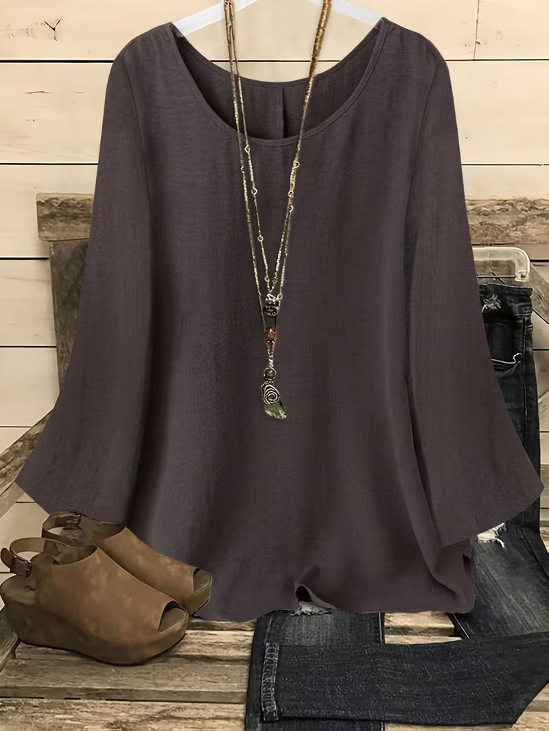 Neck Long Sleeve Bell Sleeve Shirt.