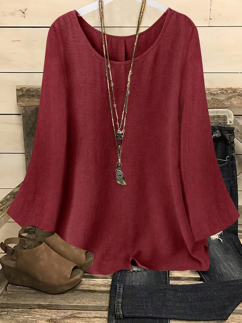 Neck Long Sleeve Bell Sleeve Shirt.