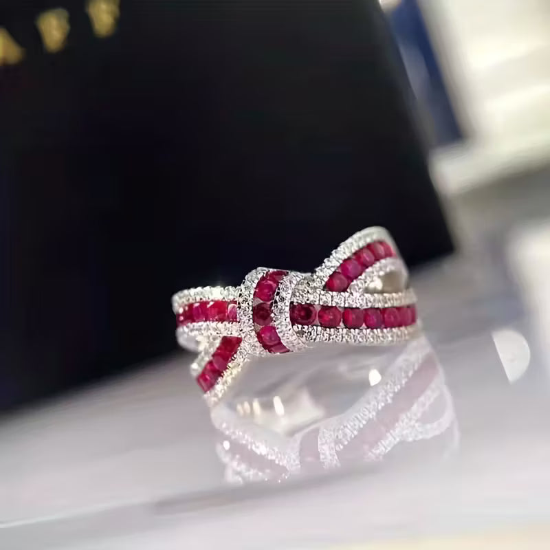 New Fashion Red $ Blue Synthetic Gem Bow Rings.