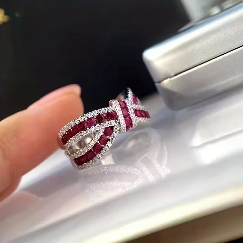 New Fashion Red $ Blue Synthetic Gem Bow Rings.