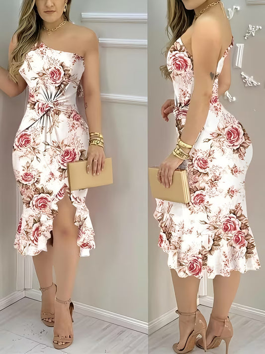 Off-Shoulder Floral Print A-Line Dress.