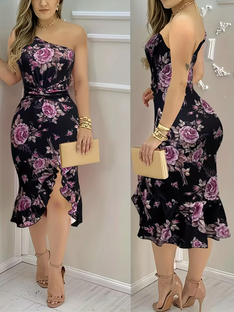 Off-Shoulder Floral Print A-Line Dress.