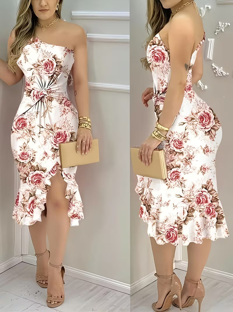 Off-Shoulder Floral Print A-Line Dress.
