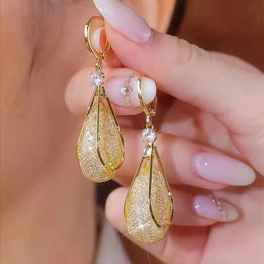 Pair of Elegant Golden Mesh Drop Earrings.