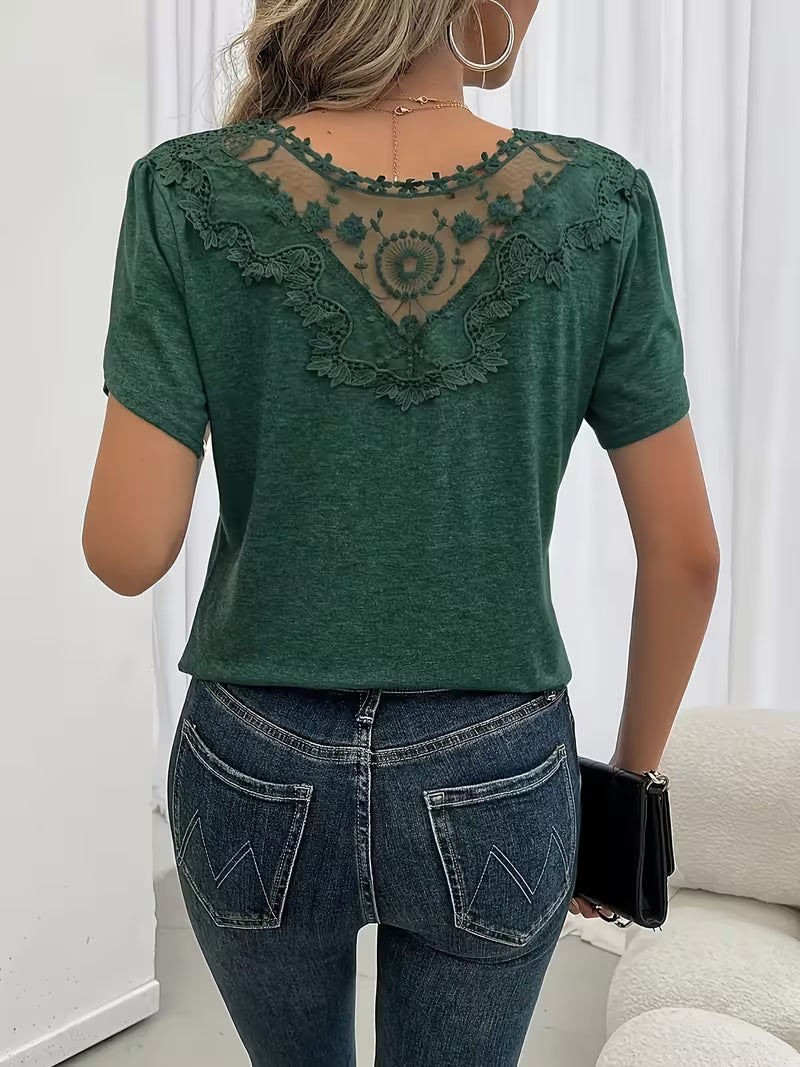 Petal Sleeves and Lace Detail Knit T-Shirt.