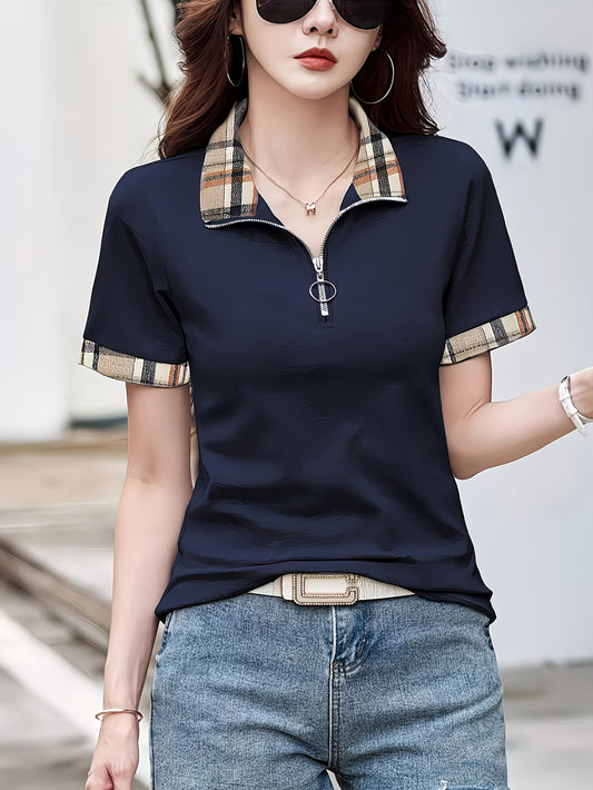 Plaid Detail Summer Knit Polo Shirt.