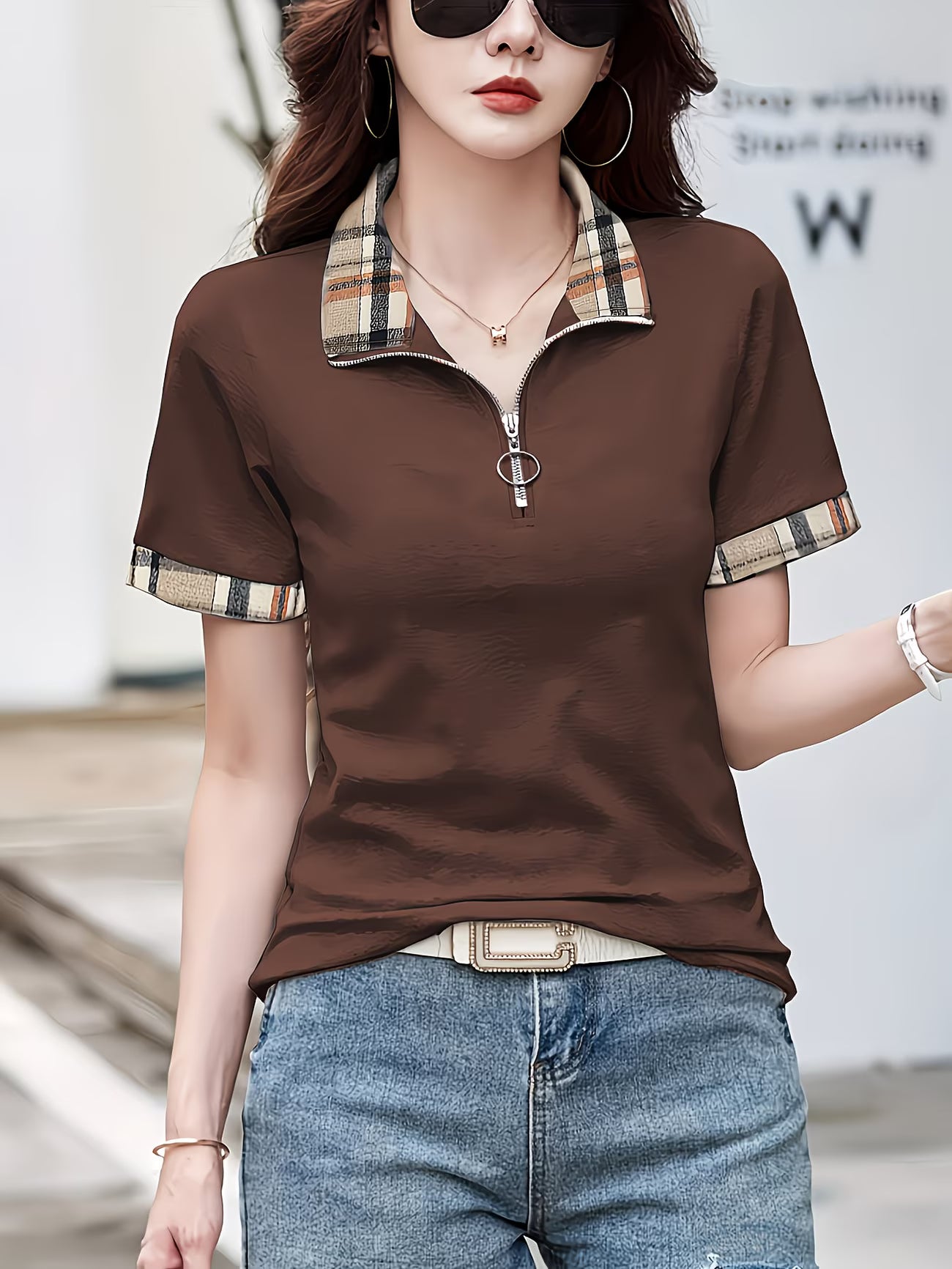 Plaid Detail Summer Knit Polo Shirt.