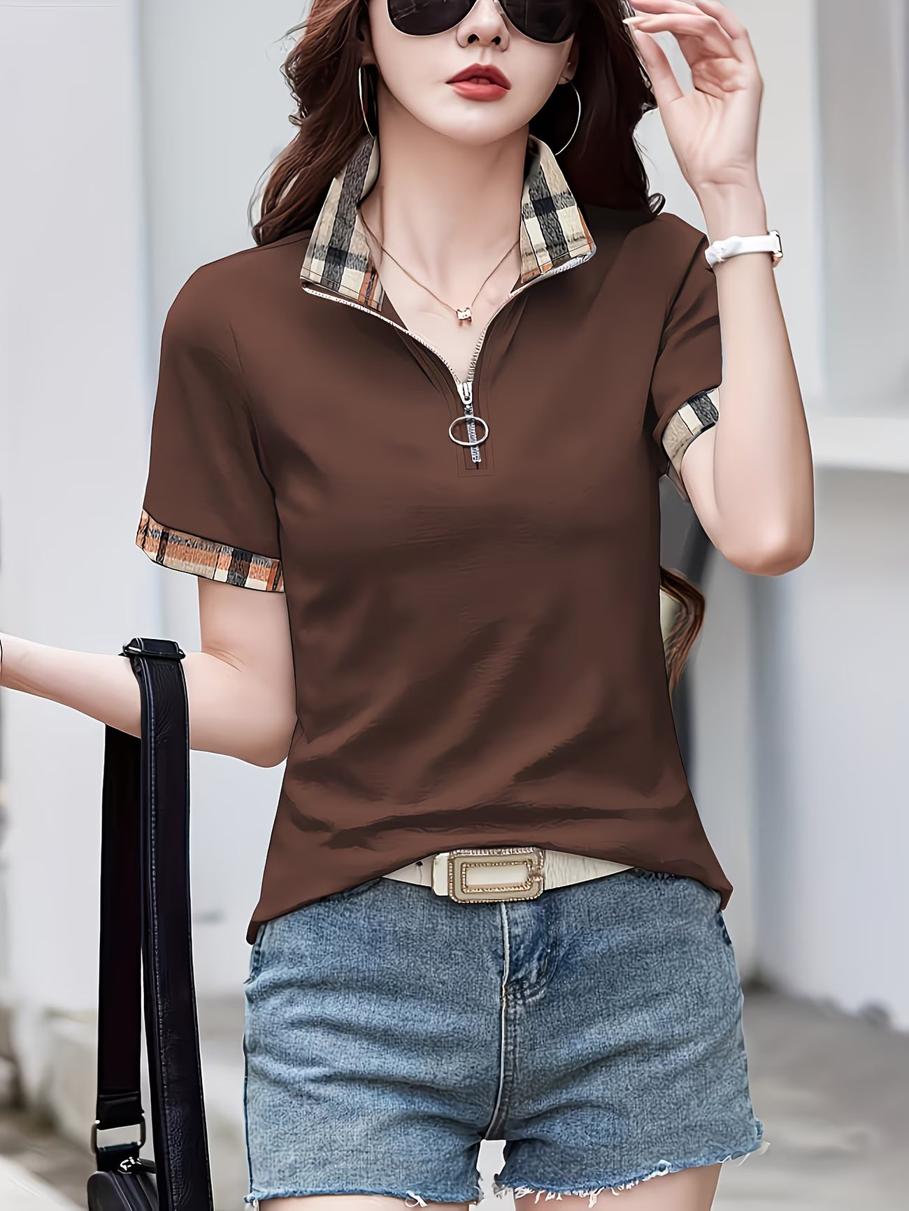 Plaid Detail Summer Knit Polo Shirt.