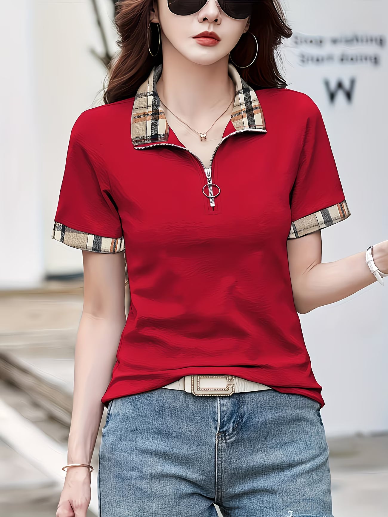 Plaid Detail Summer Knit Polo Shirt.