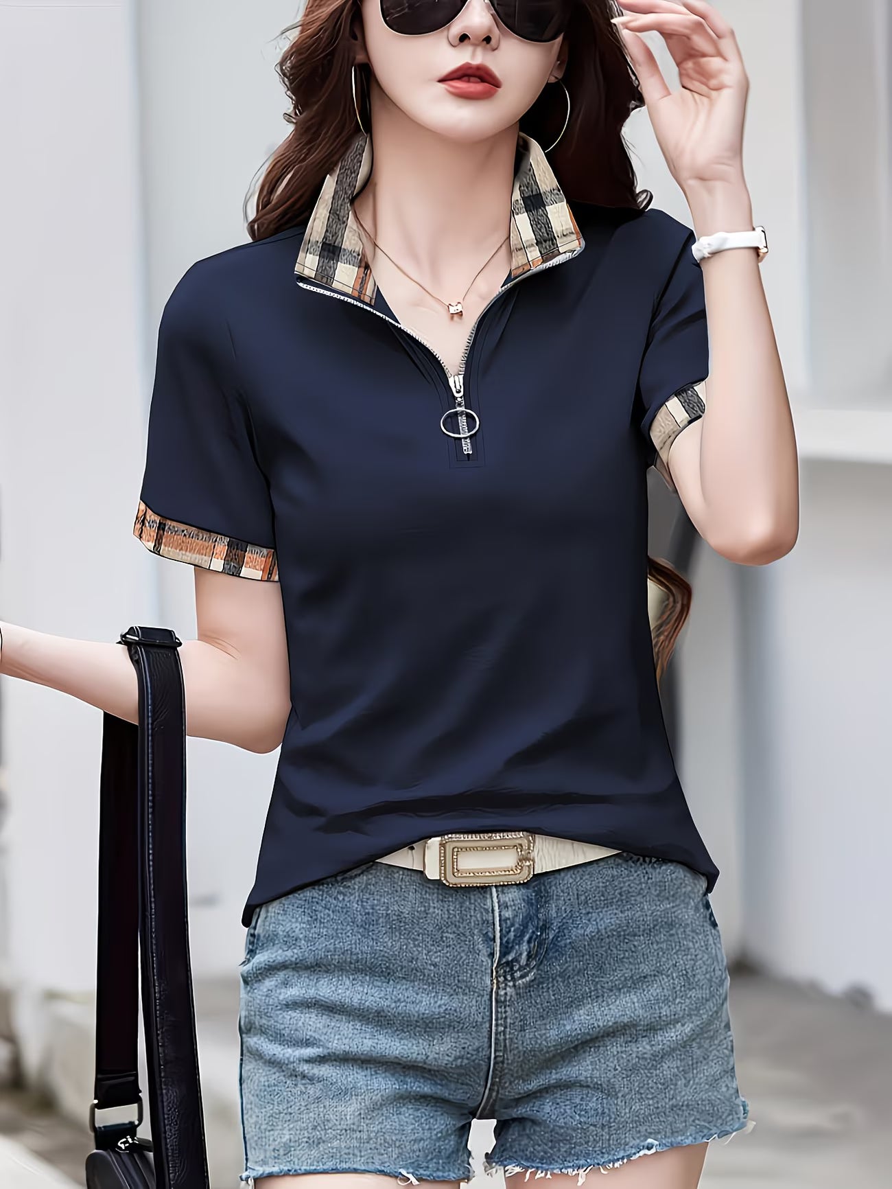 Plaid Detail Summer Knit Polo Shirt.