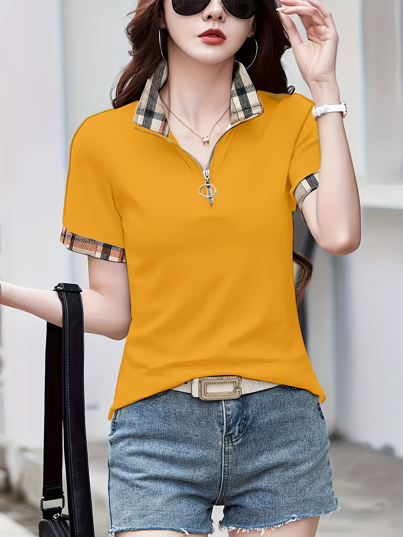 Plaid Detail Summer Knit Polo Shirt.