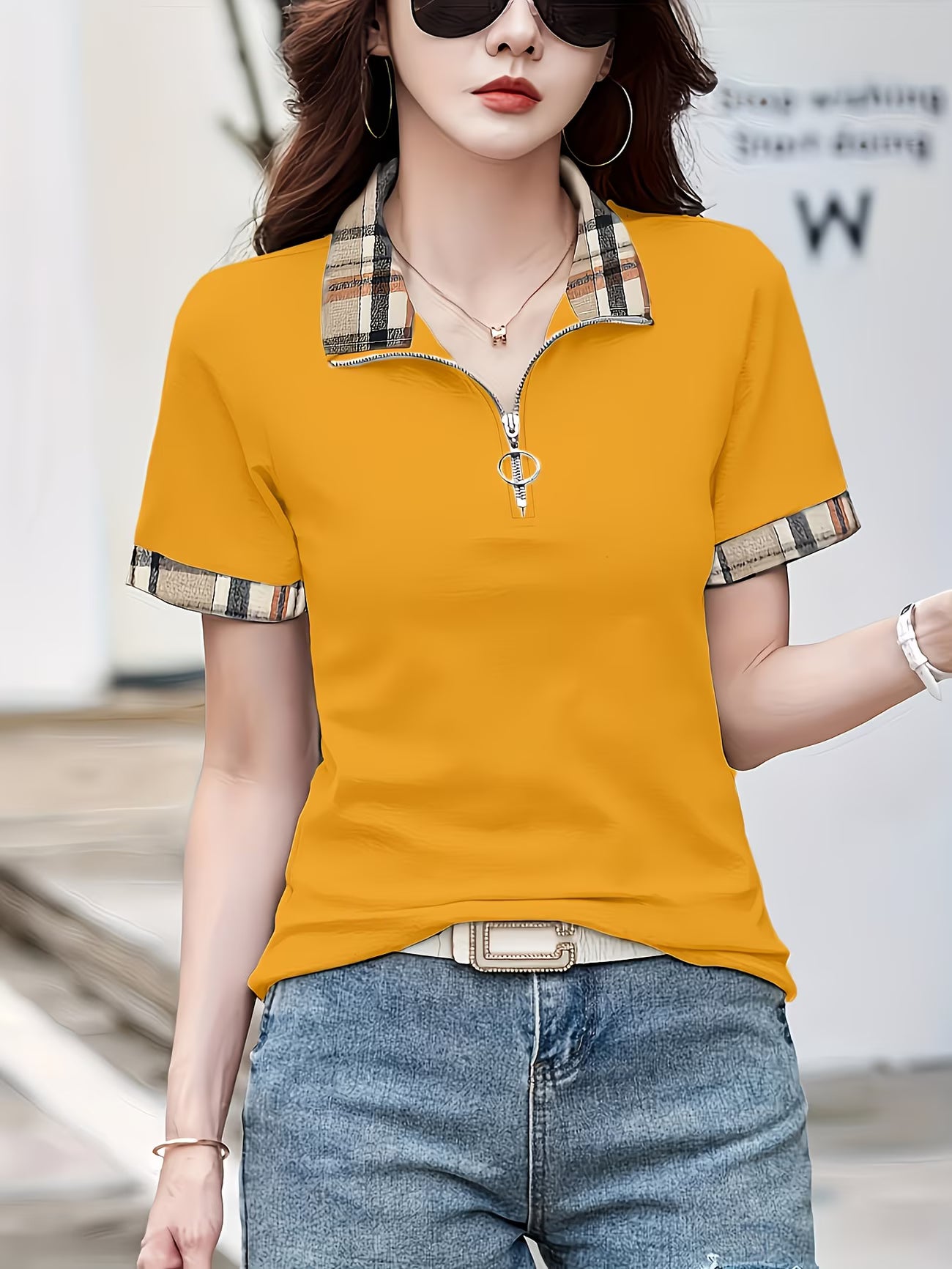 Plaid Detail Summer Knit Polo Shirt.