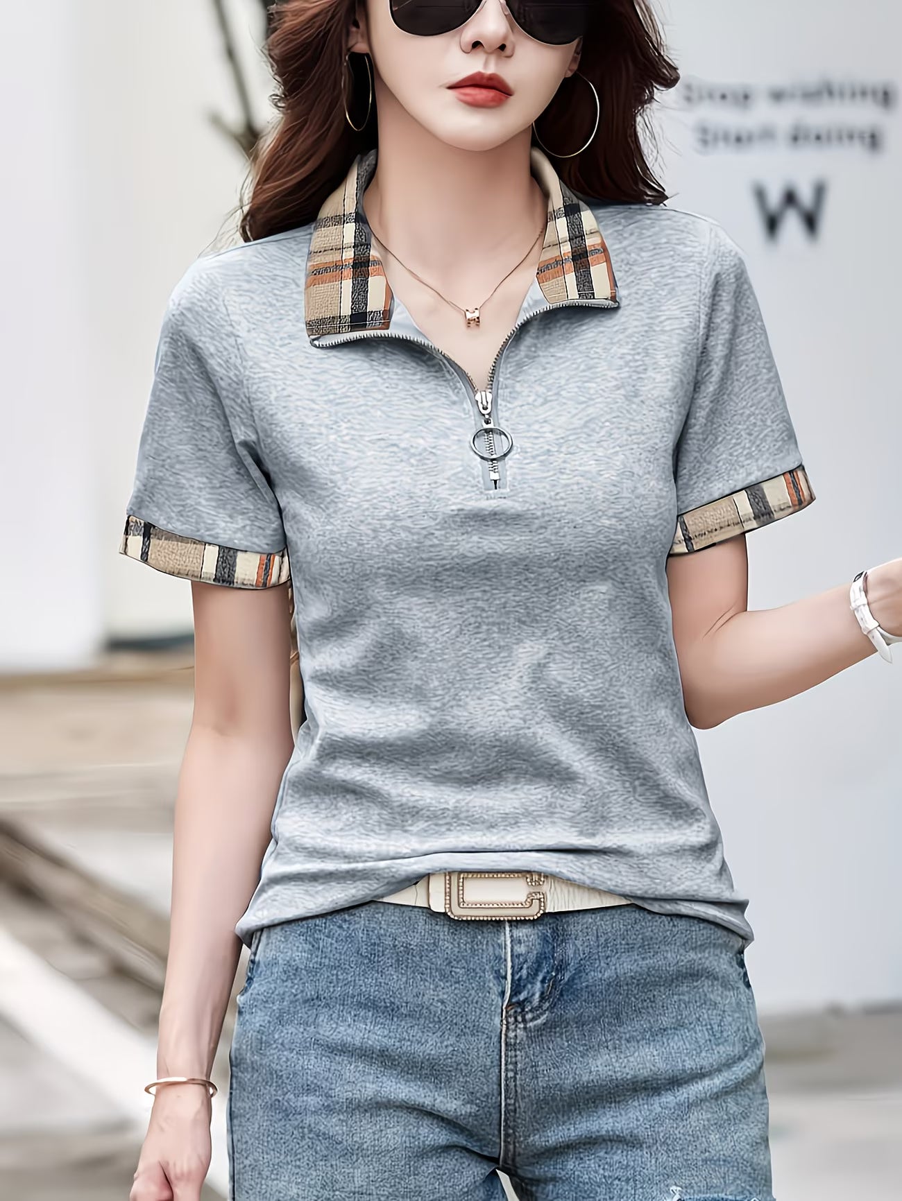 Plaid Detail Summer Knit Polo Shirt.