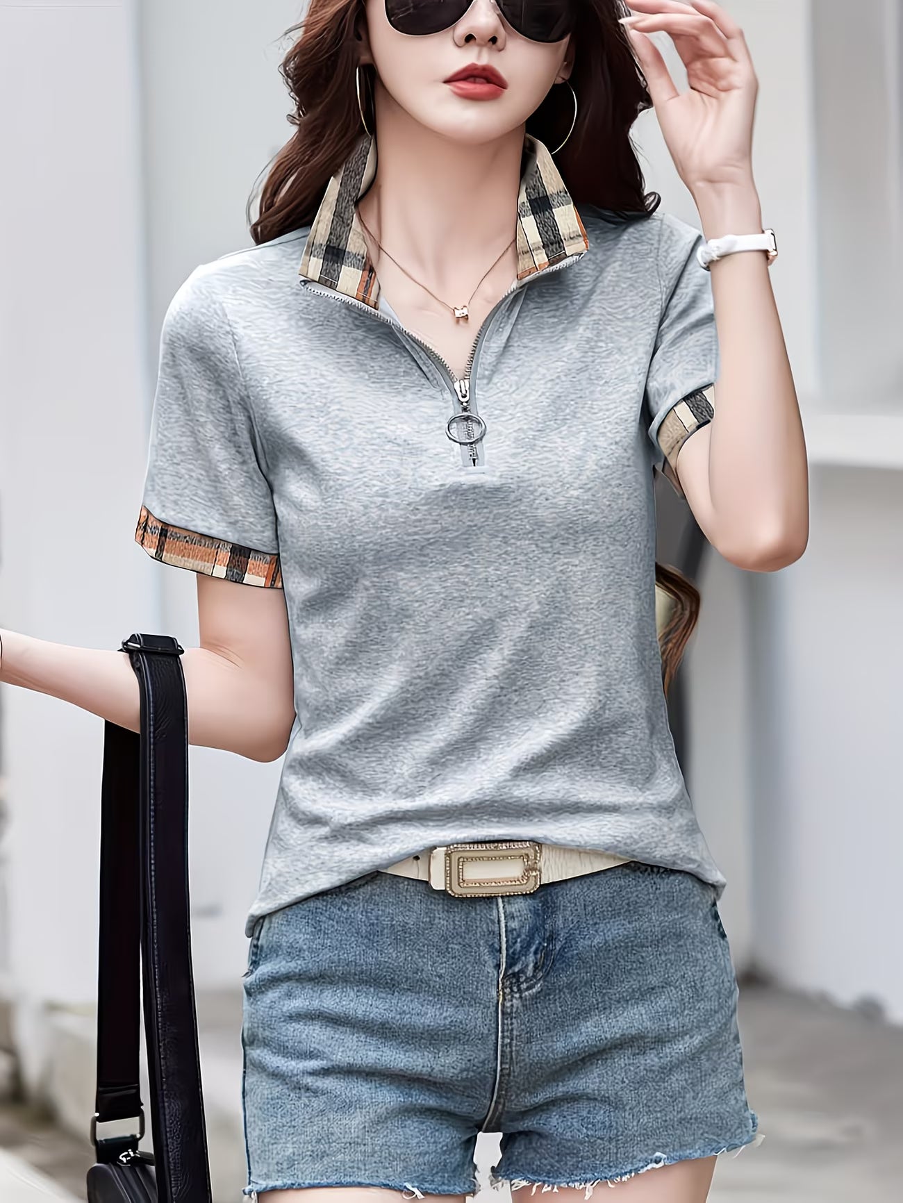 Plaid Detail Summer Knit Polo Shirt.
