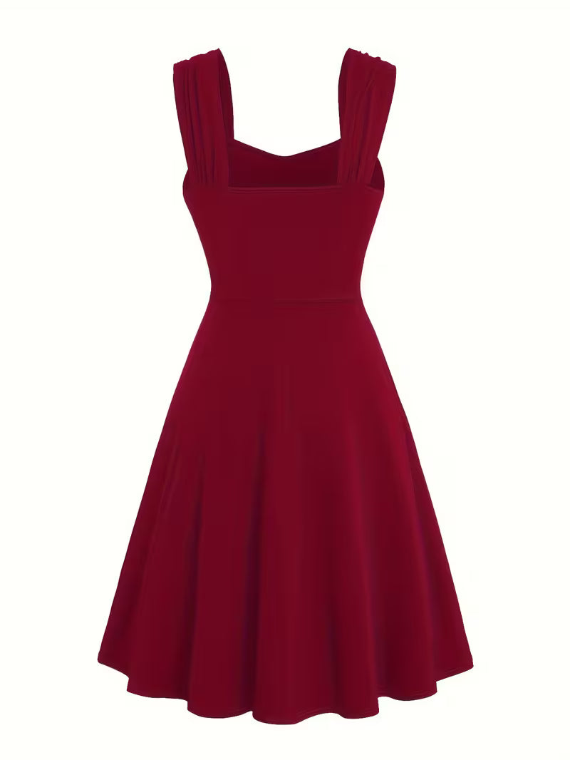 Pleated Cross-Shoulder Strap Dress.