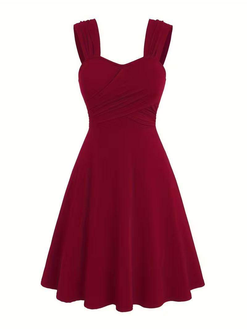 Pleated Cross-Shoulder Strap Dress.