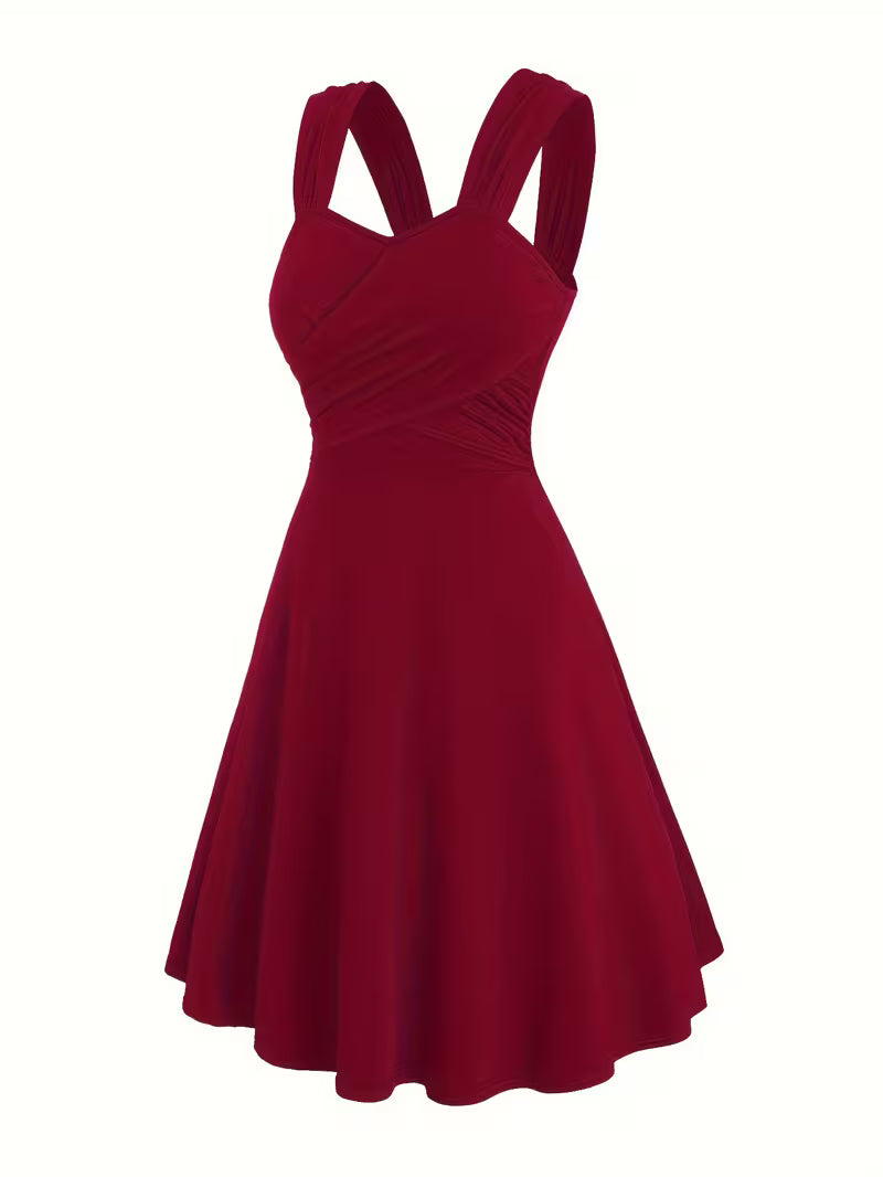 Pleated Cross-Shoulder Strap Dress.