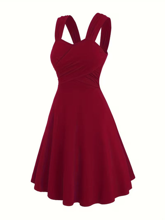 Pleated Cross-Shoulder Strap Dress.