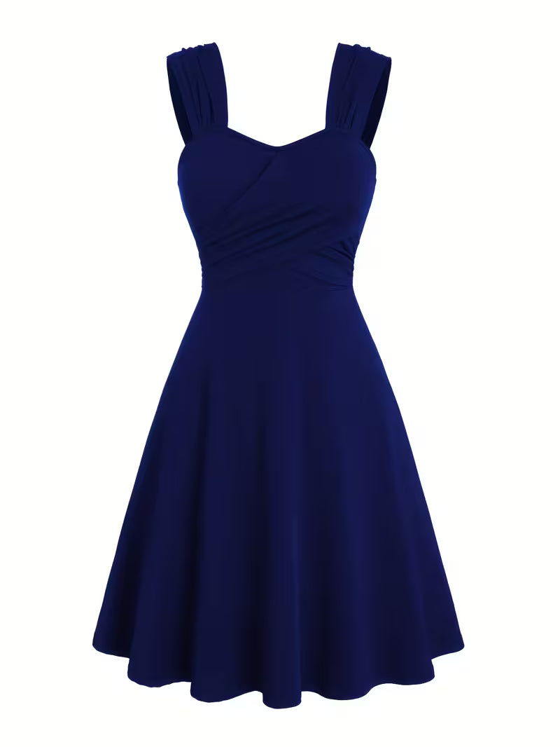Pleated Cross-Shoulder Strap Dress.