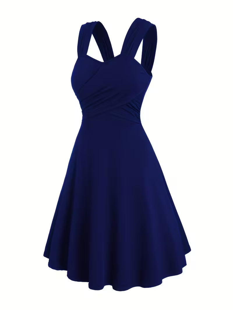 Pleated Cross-Shoulder Strap Dress.