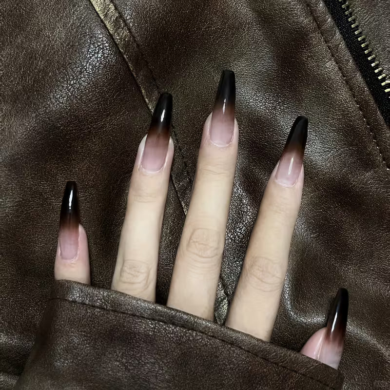 Press-On Long Black Gradient Fake Nails.