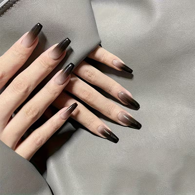 Press-On Long Black Gradient Fake Nails.