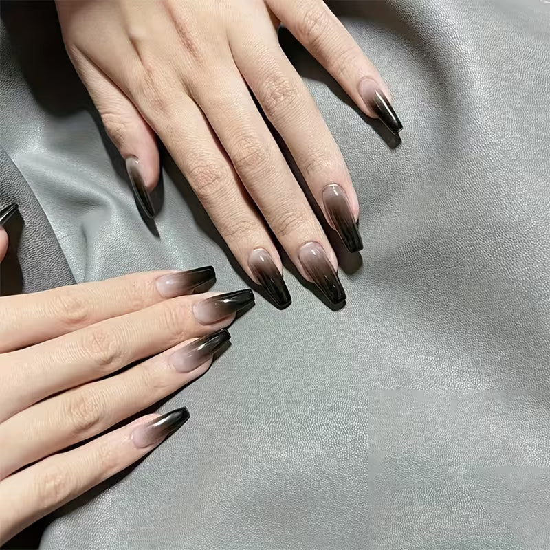 Press-On Long Black Gradient Fake Nails.