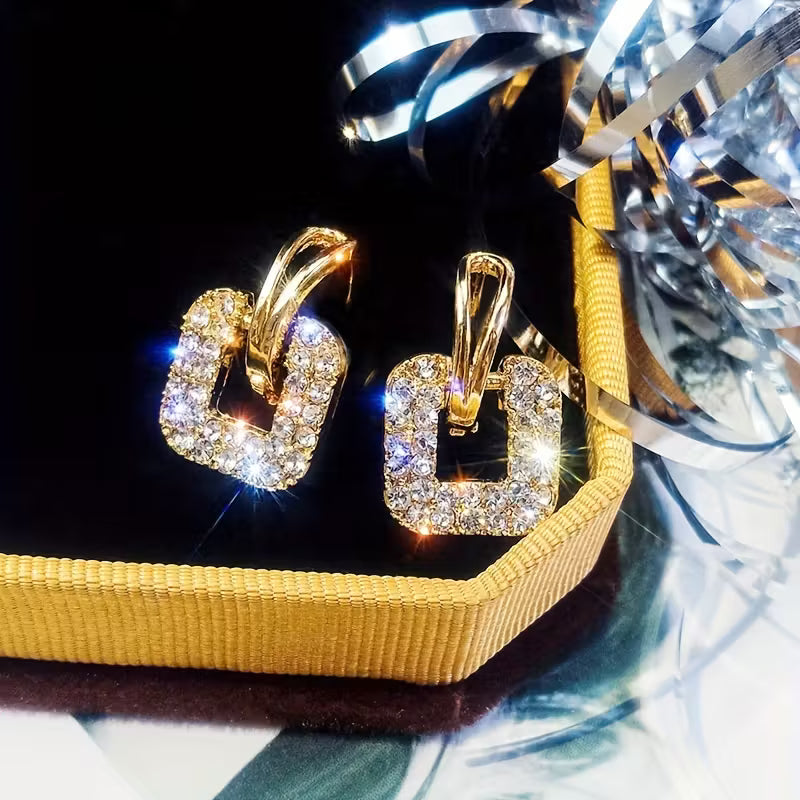 Radiant Square Full Rhinestone Geometric Ear Studs.