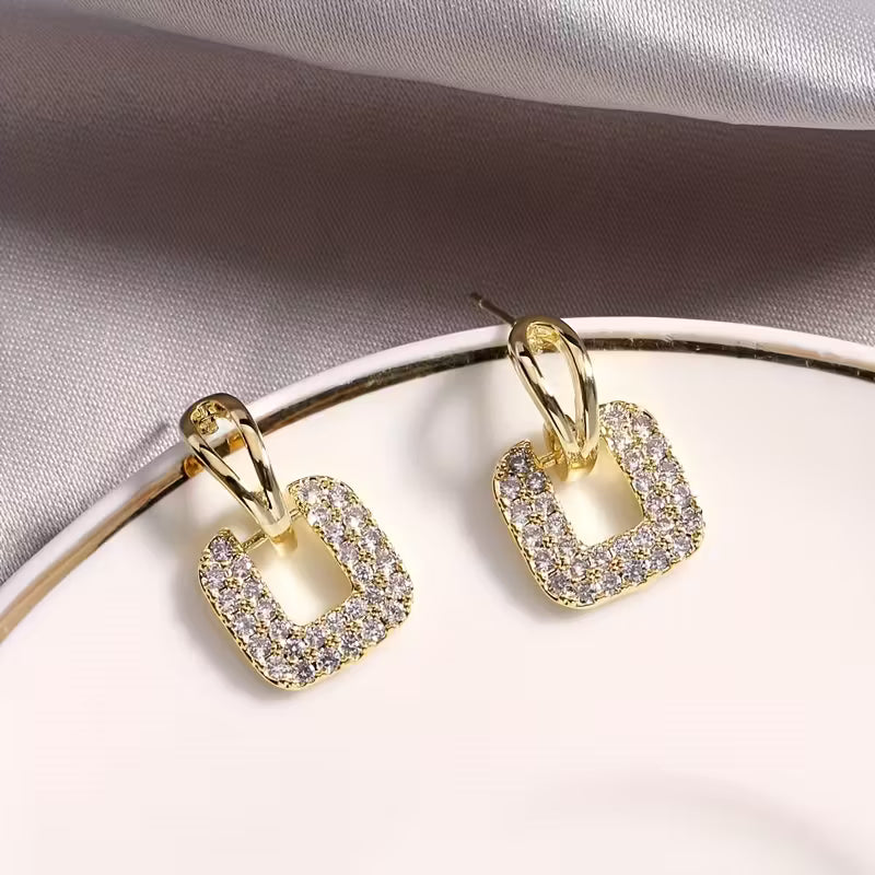 Radiant Square Full Rhinestone Geometric Ear Studs.