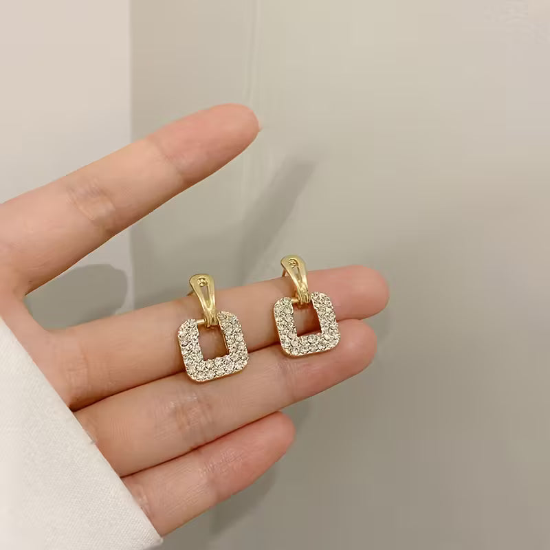Radiant Square Full Rhinestone Geometric Ear Studs.