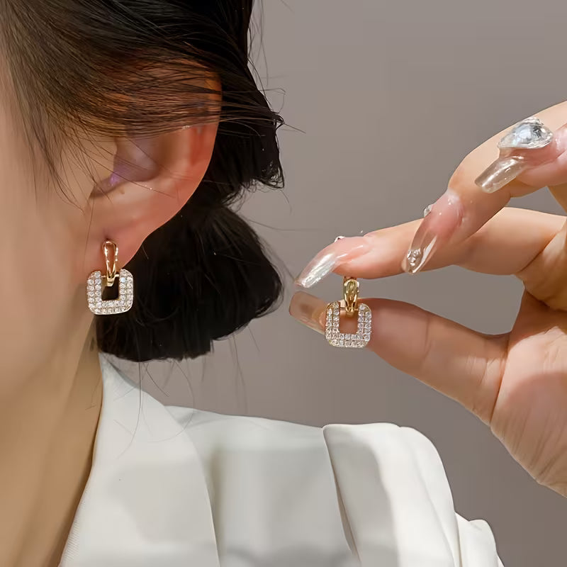 Radiant Square Full Rhinestone Geometric Ear Studs.