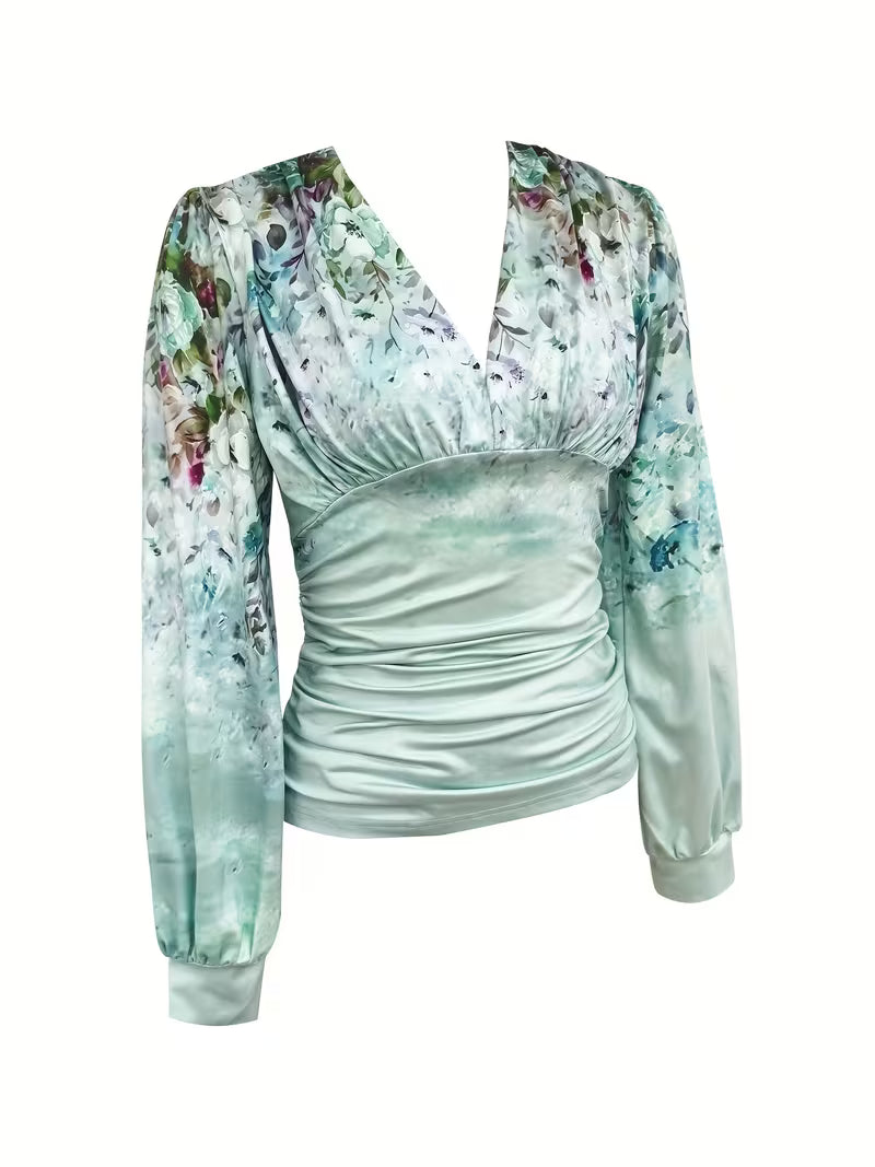 Random Floral Print V-Neck Tops