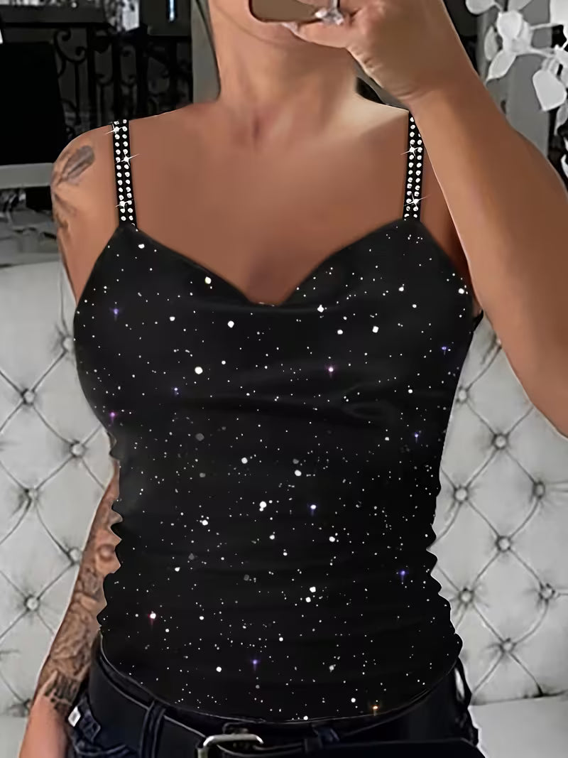 Rhinestone Strap Sequin Party Tops.