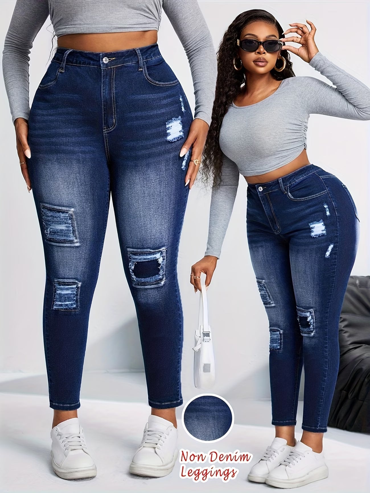 Ripped-Style Faux Denim Capris.