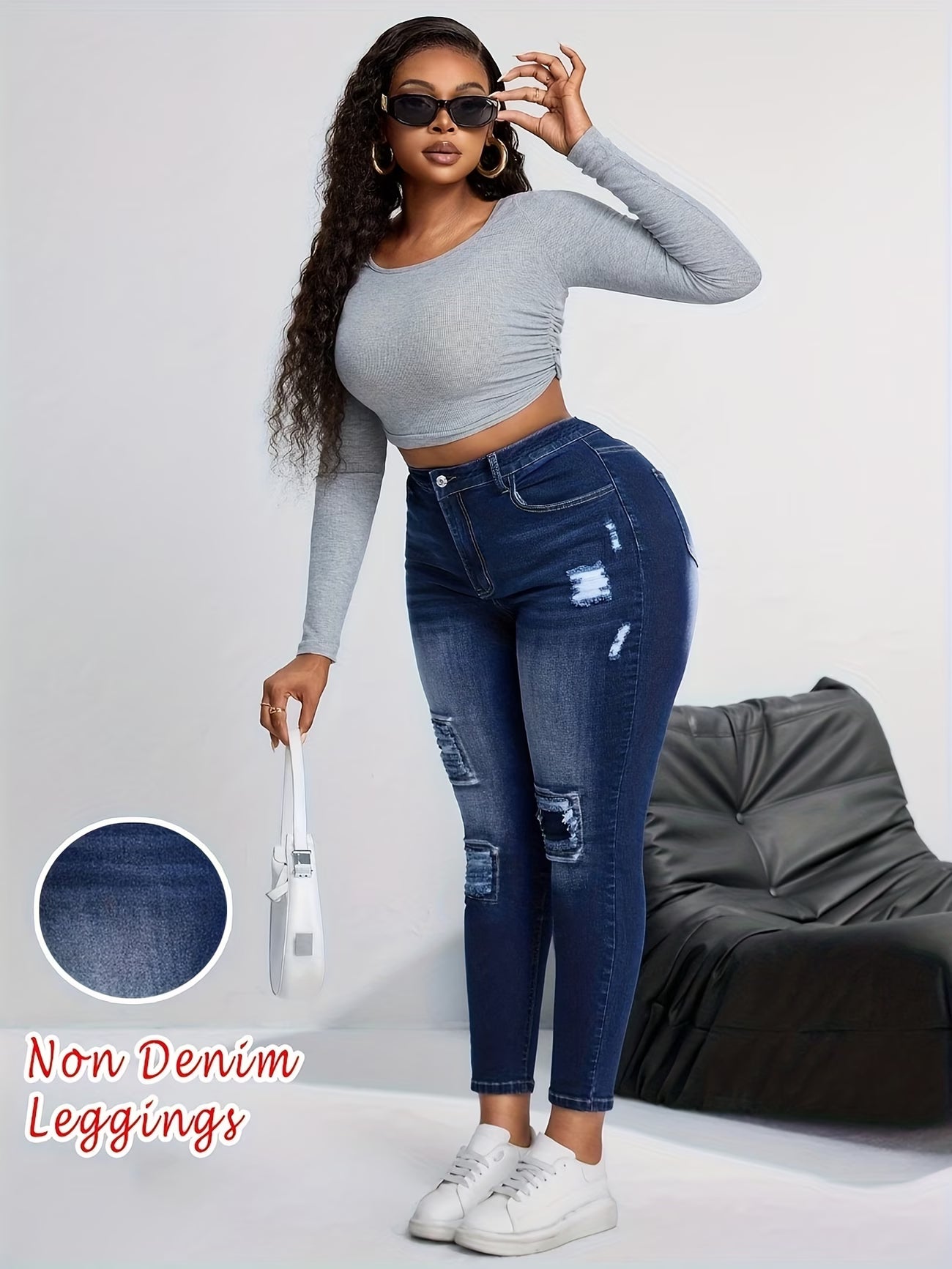 Ripped-Style Faux Denim Capris.