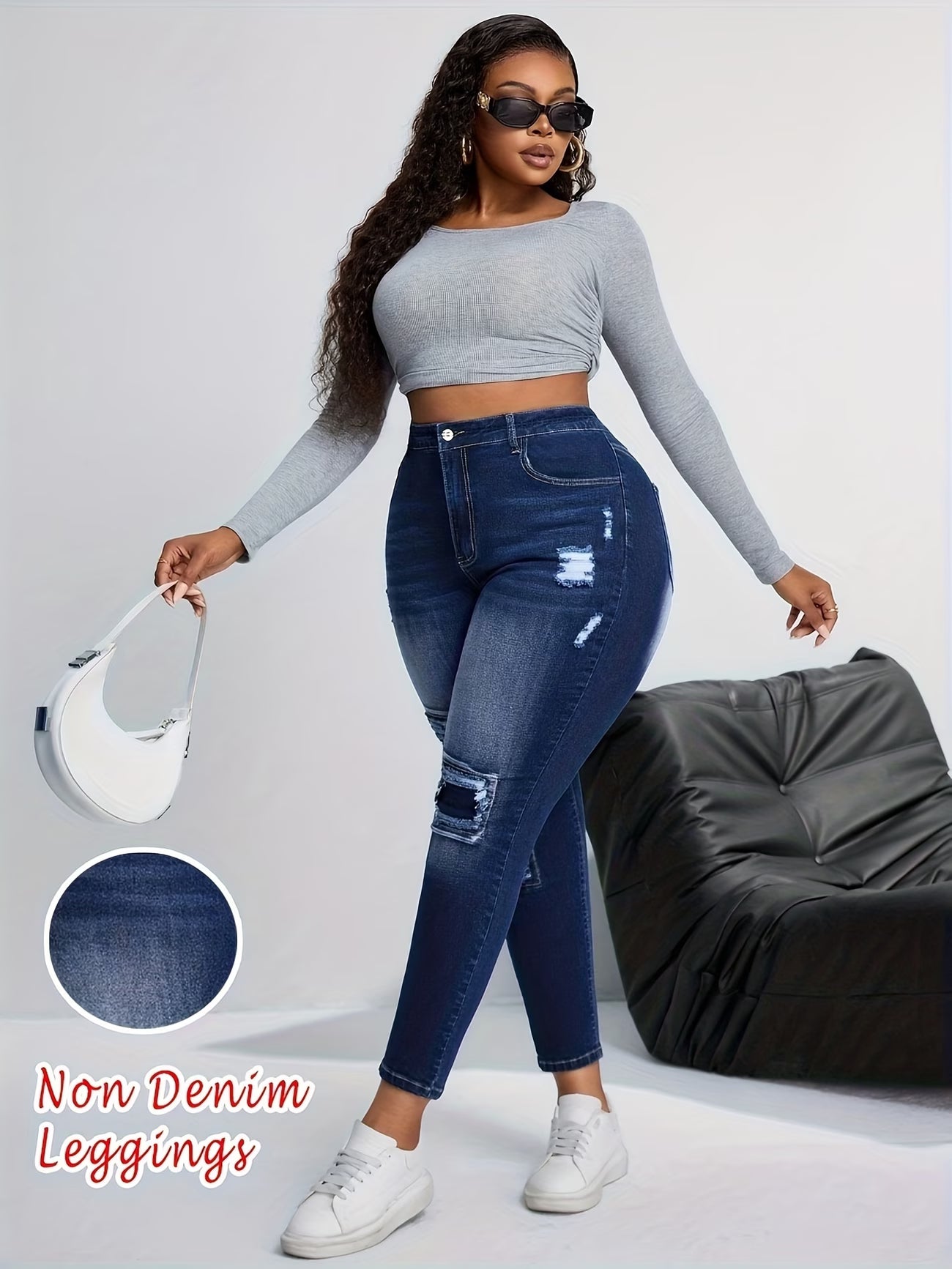 Ripped-Style Faux Denim Capris.
