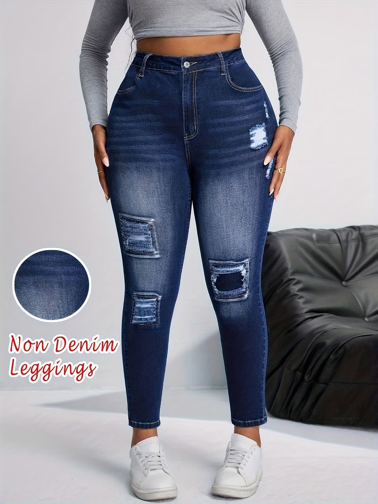 Ripped-Style Faux Denim Capris.