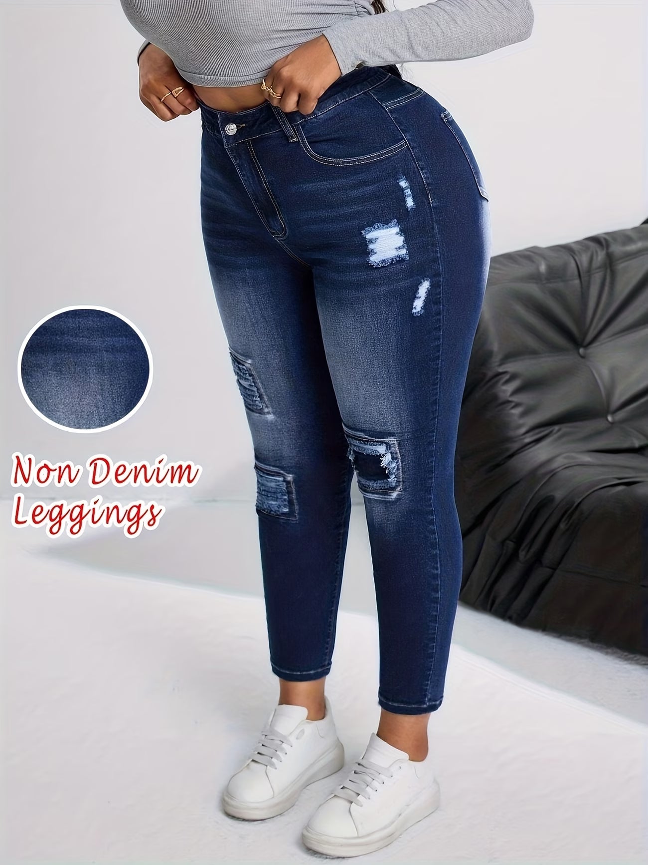 Ripped-Style Faux Denim Capris.