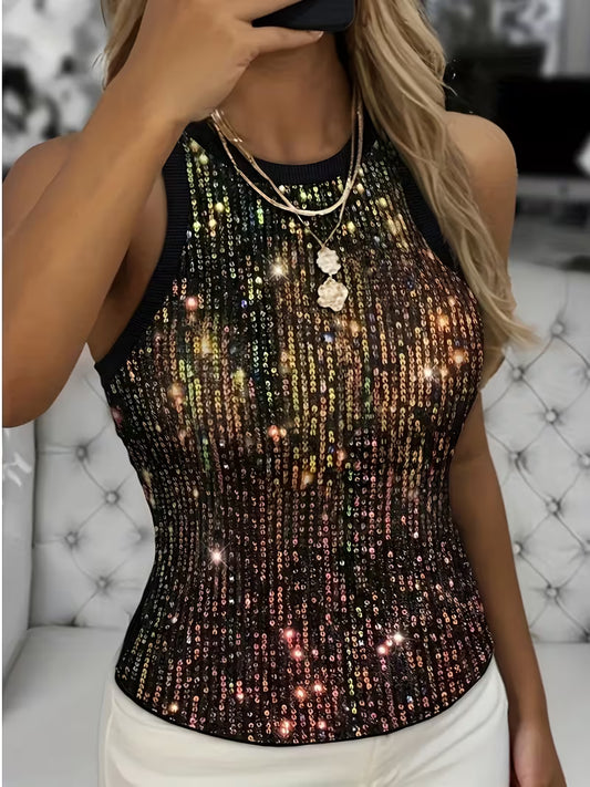 Rose Golden Sequin Sleeveless Crop Tops.