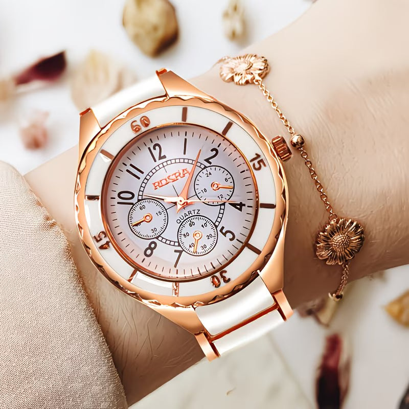 Rose Golden & White Ceramic-Dial Watch.