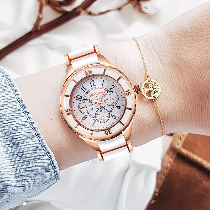 Rose Golden & White Ceramic-Dial Watch.