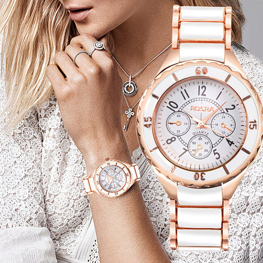 Rose Golden & White Ceramic-Dial Watch.