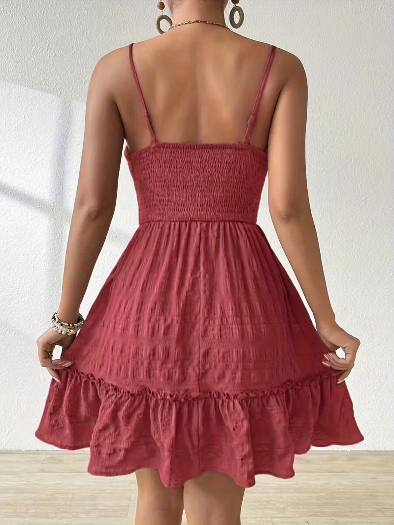 Ruched Mini Dress with Adjustable Spaghetti Straps.